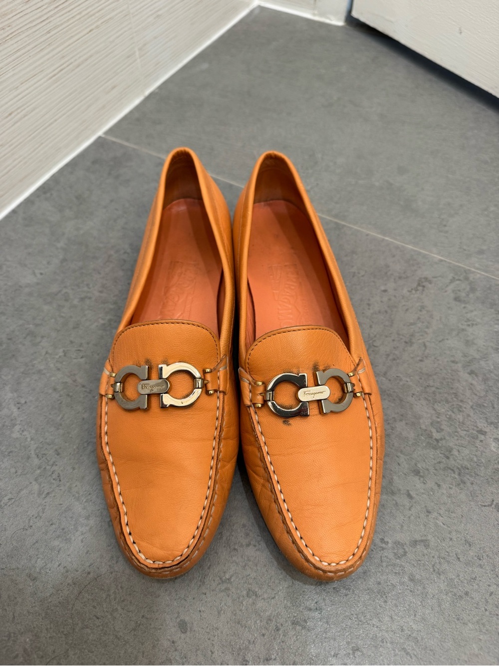 Salvatore Ferragamo Orange Leather Gancini Loafers Driving Shoes